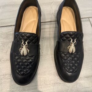 Gianni Bini Black Quilted Loafers with Gold Beetle Accent